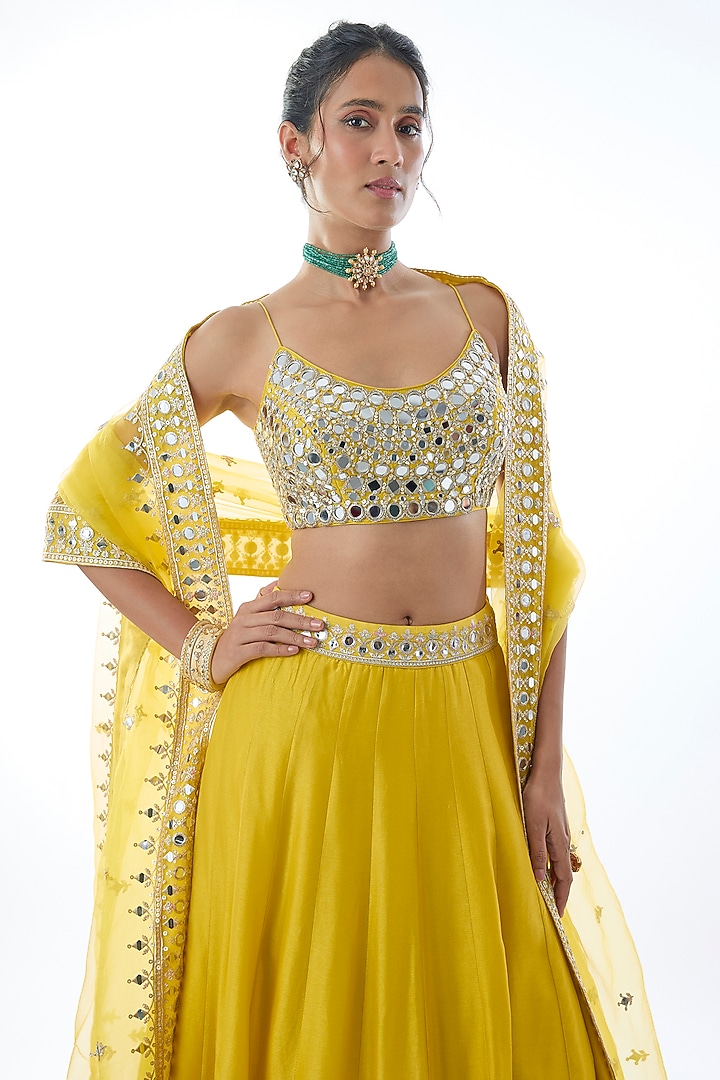 Yellow Tussar Mirror Embroidered Wedding Lehenga Set by Gopi Vaid at Pernia's Pop Up Shop