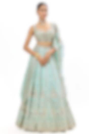 Powder Blue Tussar Embroidered Wedding Lehenga Set by GOPI VAID at Pernia's Pop Up Shop