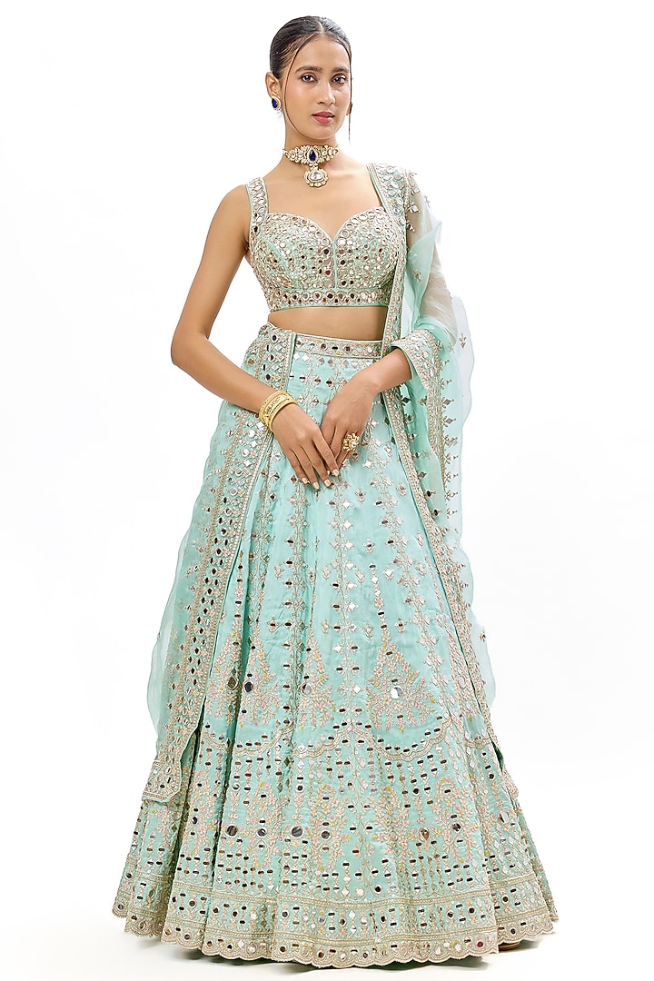 Powder Blue Tussar Embroidered Wedding Lehenga Set by GOPI VAID at Pernia's Pop Up Shop