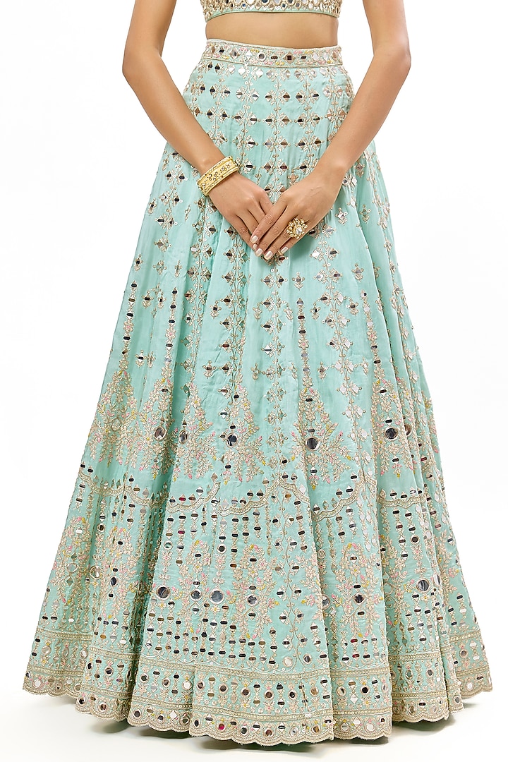 Powder Blue Tussar Embroidered Wedding Lehenga Set by GOPI VAID at Pernia's Pop Up Shop