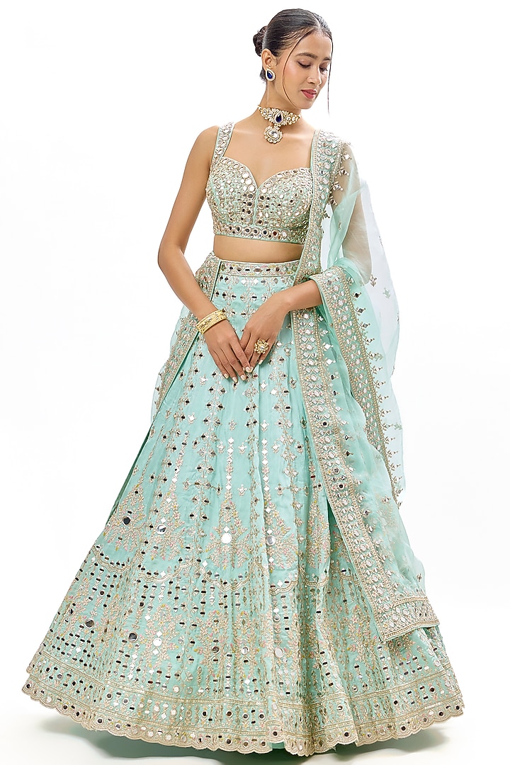 Powder Blue Tussar Embroidered Wedding Lehenga Set by GOPI VAID at Pernia's Pop Up Shop