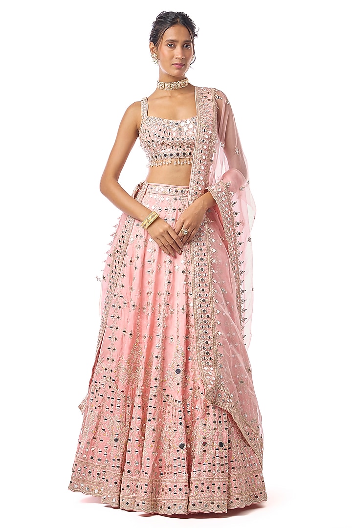 Pink Tussar Mirror Embellished Wedding Lehenga Set by GOPI VAID at Pernia's Pop Up Shop