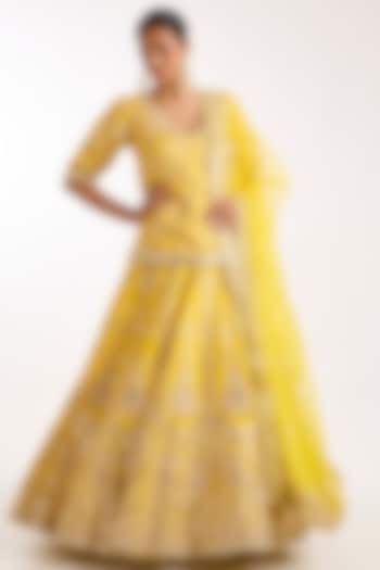 Yellow Tussar Floral Embroidered Wedding Lehenga Set by GOPI VAID at Pernia's Pop Up Shop