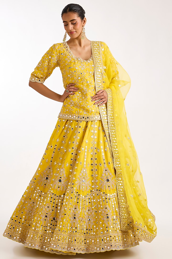 Yellow Tussar Floral Embroidered Wedding Lehenga Set by GOPI VAID at Pernia's Pop Up Shop