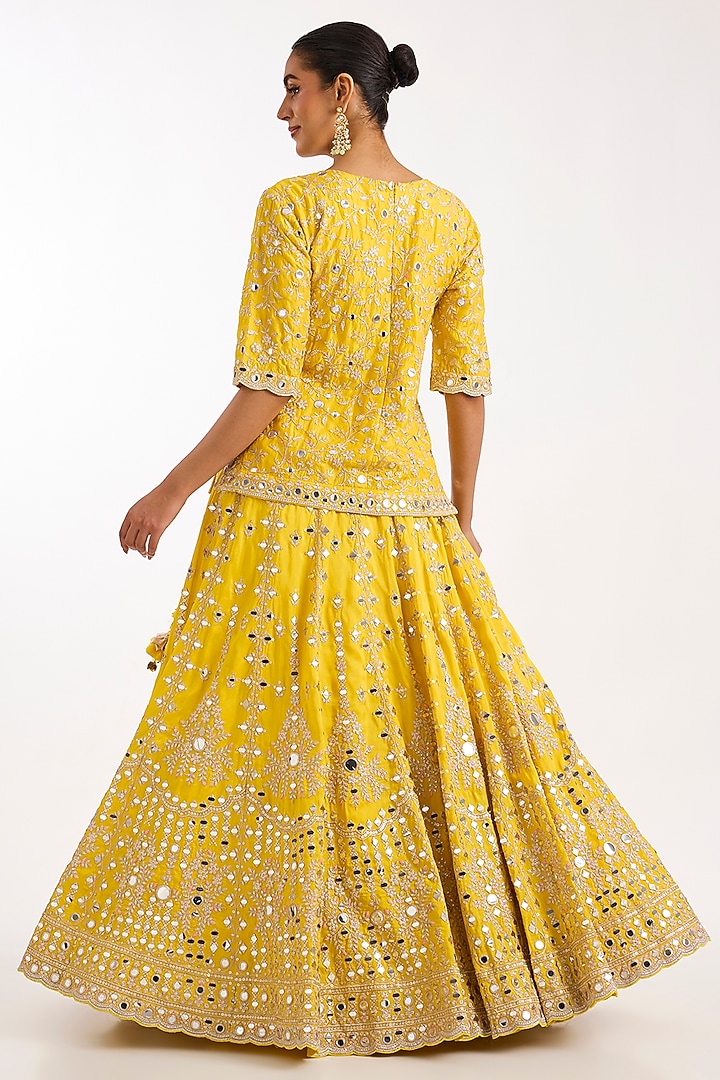 Yellow Tussar Floral Embroidered Wedding Lehenga Set by GOPI VAID at Pernia's Pop Up Shop