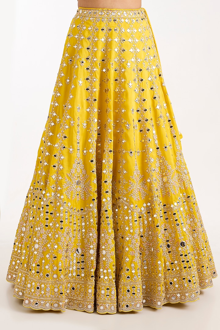 Yellow Tussar Floral Embroidered Wedding Lehenga Set by GOPI VAID at Pernia's Pop Up Shop