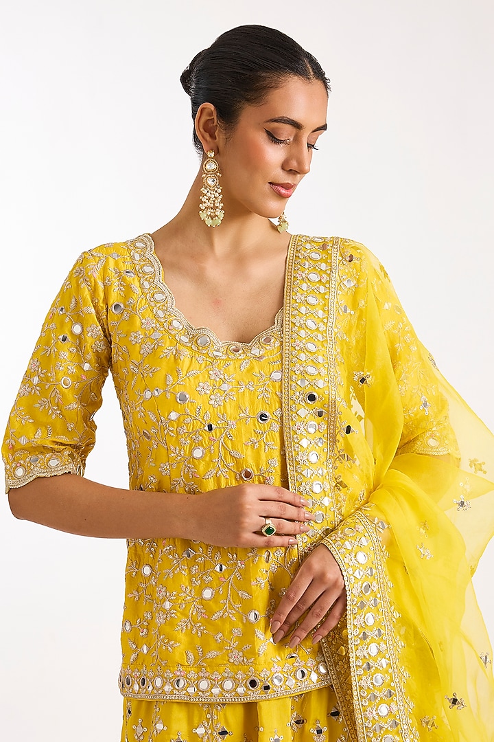 Yellow Tussar Floral Embroidered Wedding Lehenga Set by GOPI VAID at Pernia's Pop Up Shop