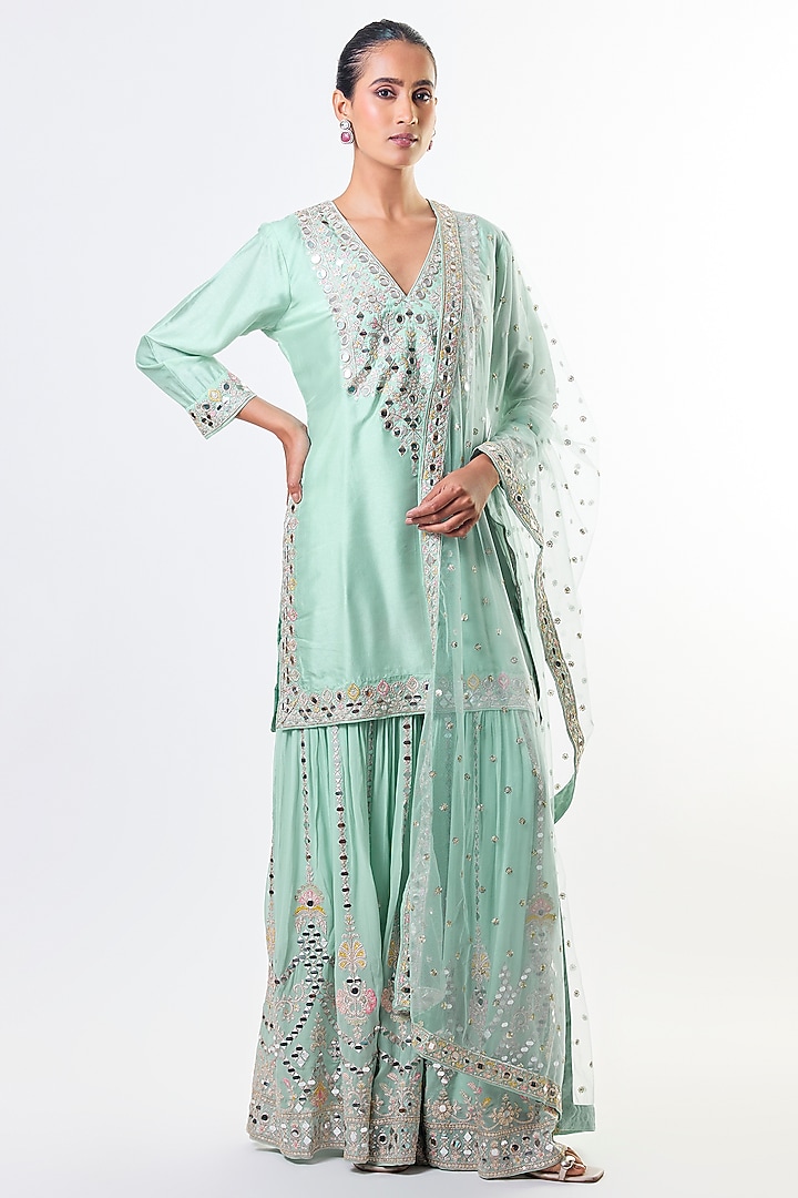 Powder Blue Georgette Mirror Embroidered Wedding Sharara Set by GOPI VAID at Pernia's Pop Up Shop