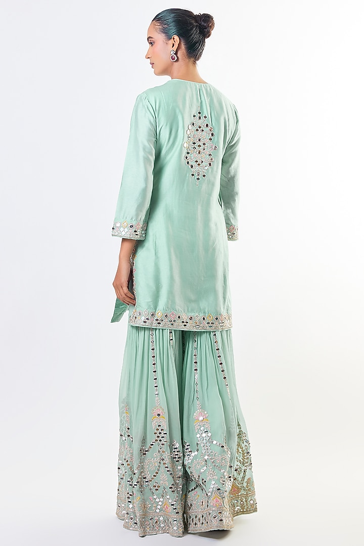 Powder Blue Georgette Mirror Embroidered Wedding Sharara Set by GOPI VAID at Pernia's Pop Up Shop