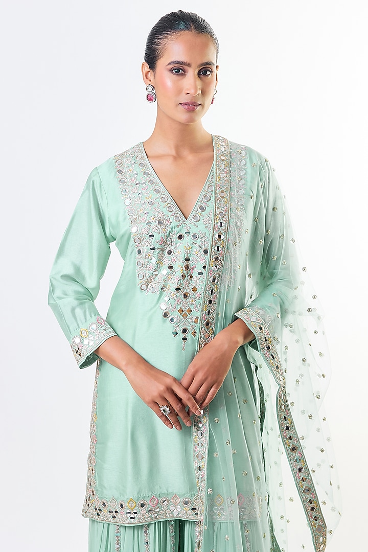 Powder Blue Georgette Mirror Embroidered Wedding Sharara Set by GOPI VAID at Pernia's Pop Up Shop