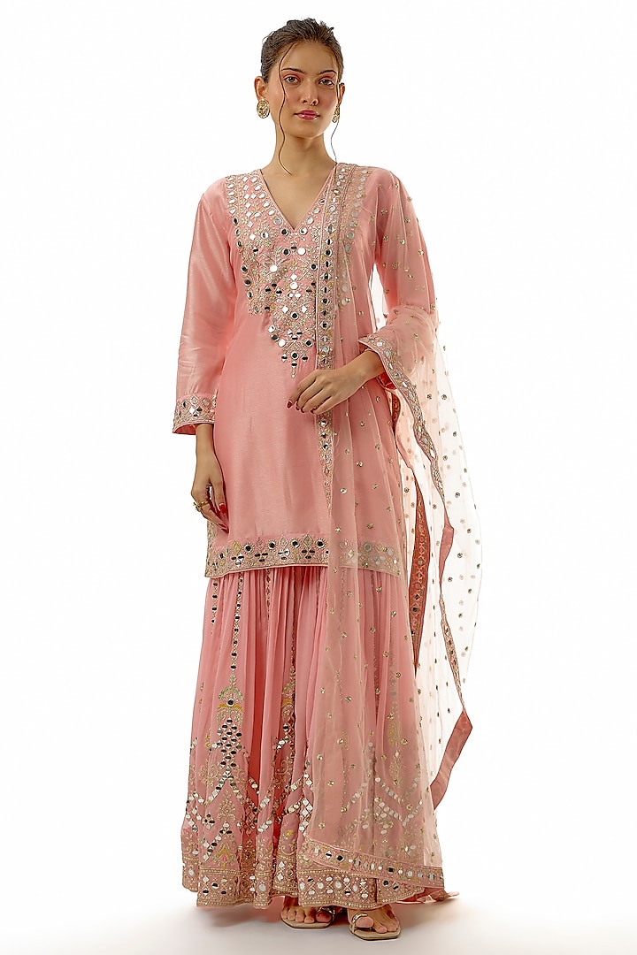 Pink Tussar Mirror Embroidered Wedding Sharara Set by GOPI VAID at Pernia's Pop Up Shop
