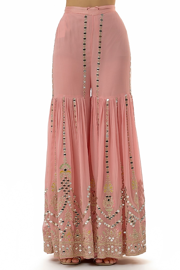 Pink Tussar Mirror Embroidered Wedding Sharara Set by GOPI VAID at Pernia's Pop Up Shop