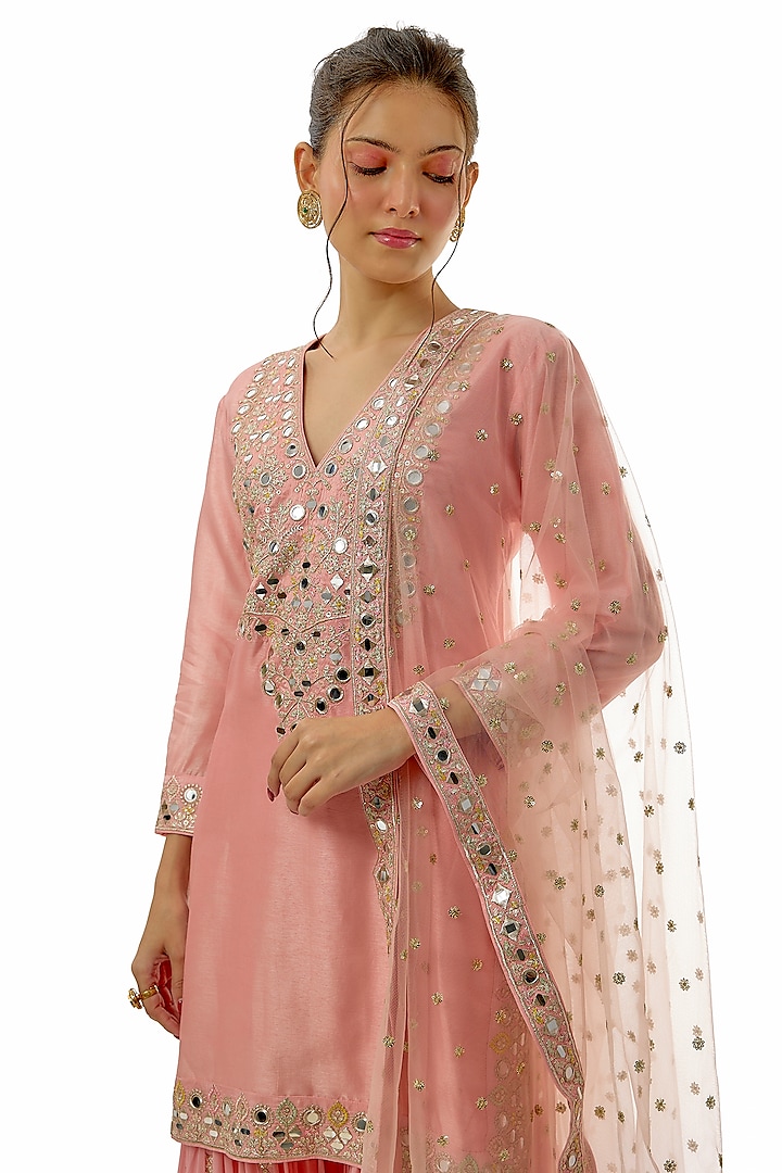 Pink Tussar Mirror Embroidered Wedding Sharara Set by GOPI VAID at Pernia's Pop Up Shop