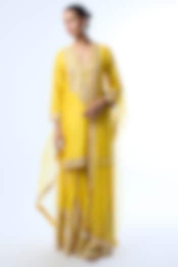 Yellow Tussar Mirror Embroidered Wedding Sharara Set by GOPI VAID at Pernia's Pop Up Shop