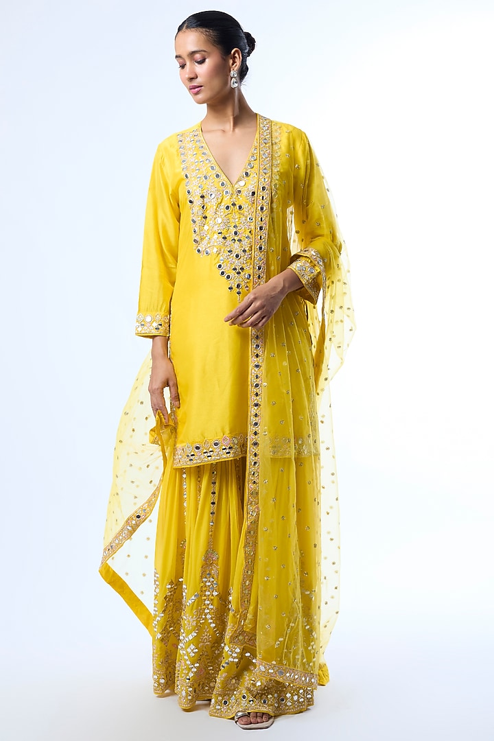 Yellow Tussar Mirror Embroidered Wedding Sharara Set by GOPI VAID at Pernia's Pop Up Shop
