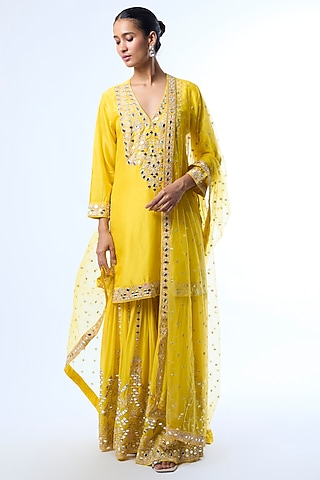 Yellow Tussar Mirror Embroidered Sharara Set by GOPI VAID