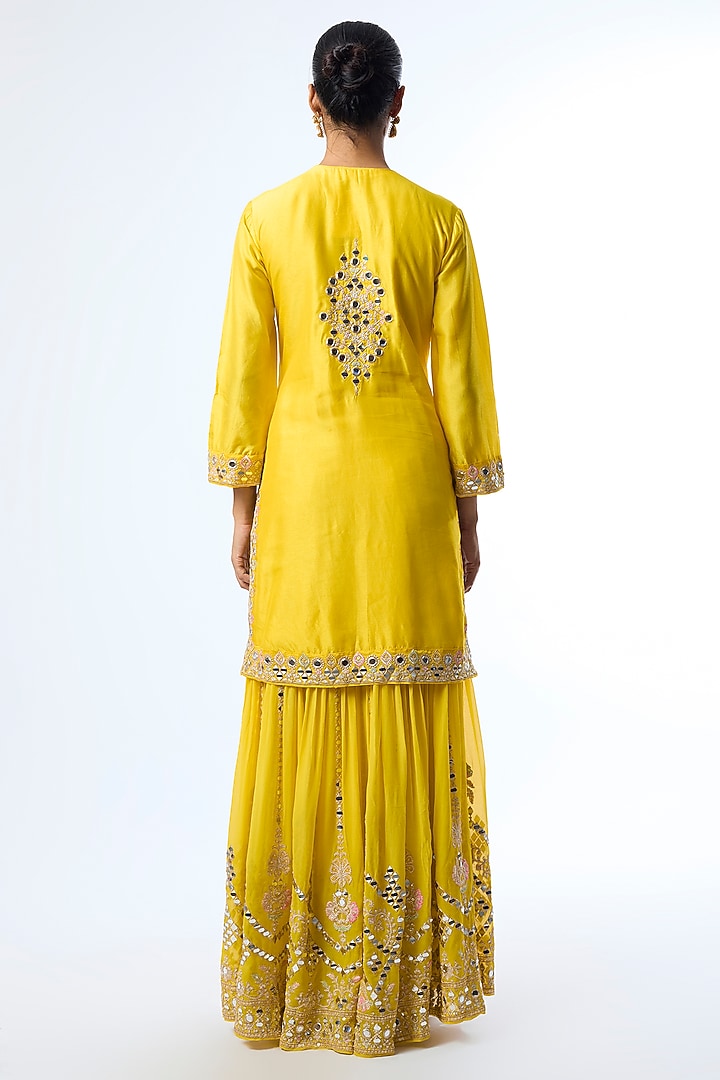 Yellow Tussar Mirror Embroidered Wedding Sharara Set by GOPI VAID at Pernia's Pop Up Shop