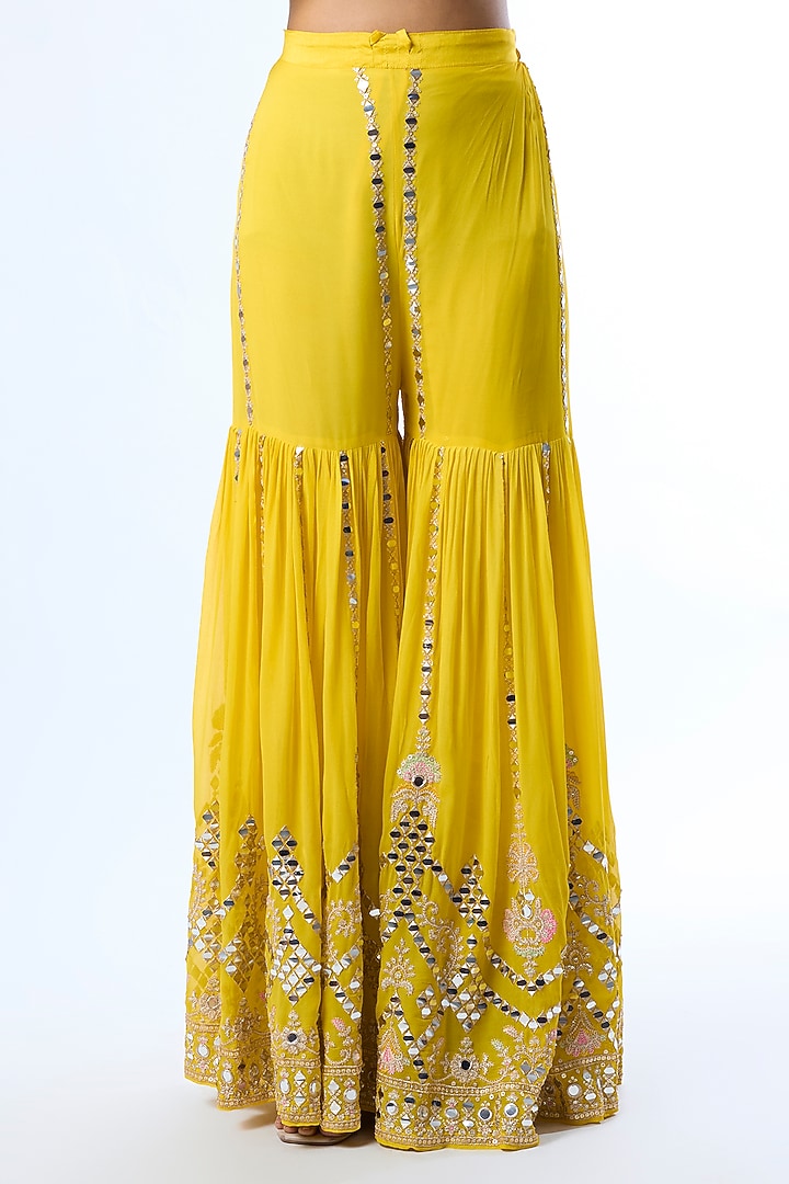 Yellow Tussar Mirror Embroidered Wedding Sharara Set by GOPI VAID at Pernia's Pop Up Shop