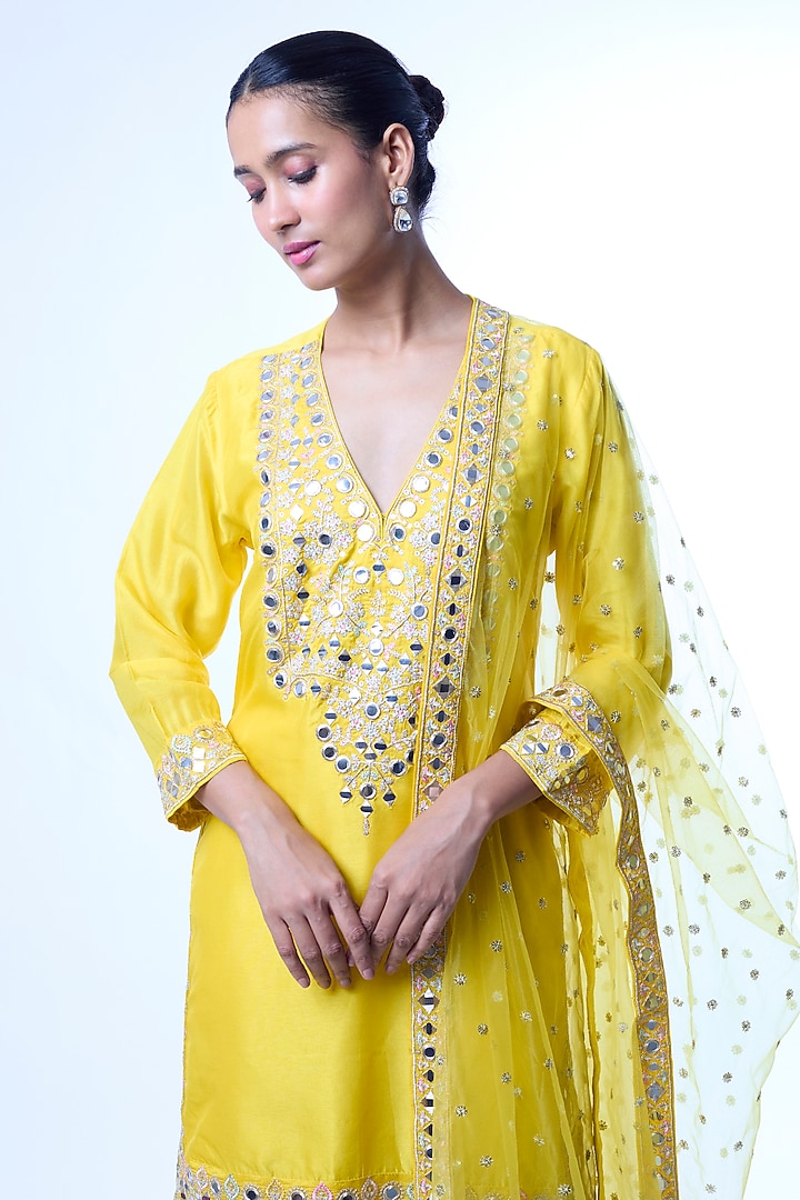 Yellow Tussar Mirror Embroidered Wedding Sharara Set by GOPI VAID at Pernia's Pop Up Shop