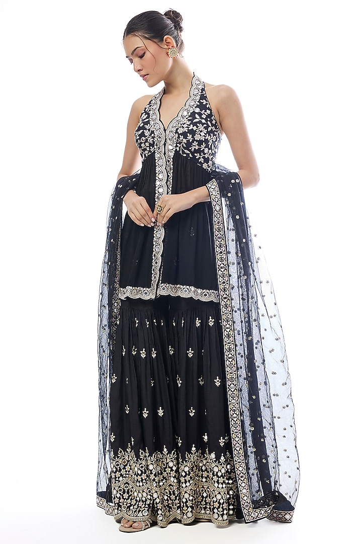 Black Georgette Embroidered Wedding Sharara Set by GOPI VAID at Pernia's Pop Up Shop
