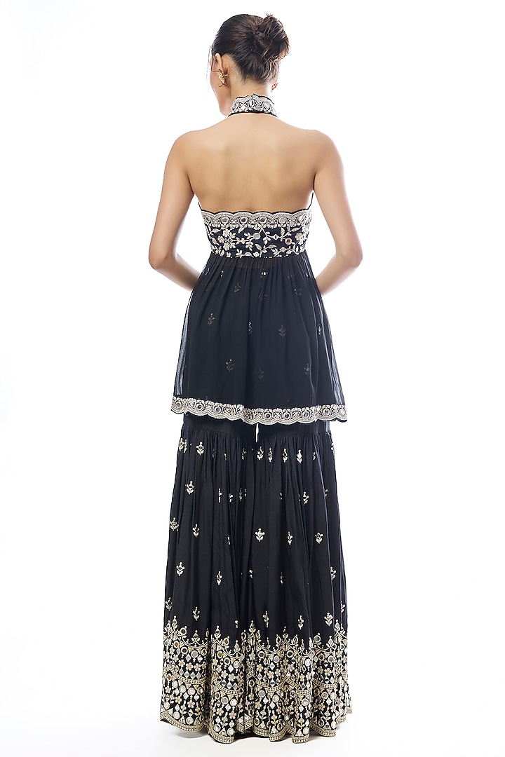 Black Georgette Embroidered Wedding Sharara Set by GOPI VAID at Pernia's Pop Up Shop