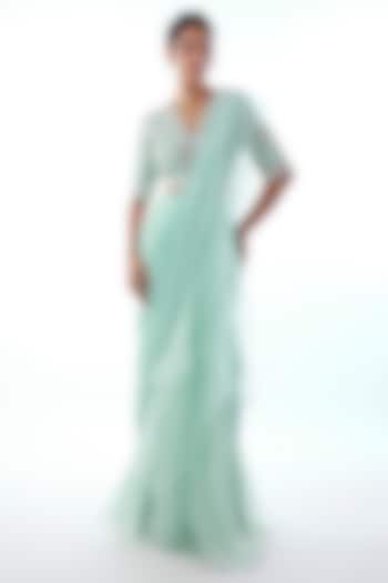 Powder Blue Chiffon & Organza Ruffled Wedding Saree Set by Gopi Vaid at Pernia's Pop Up Shop
