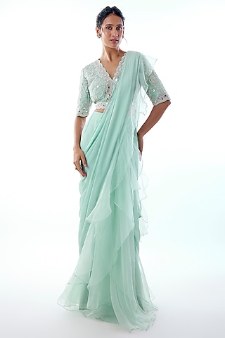 Powder Blue Chiffon & Organza Ruffled Saree Set by Gopi Vaid