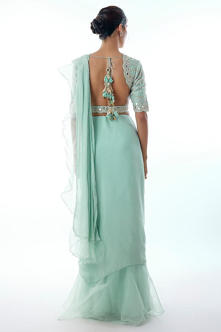 Powder Blue Chiffon & Organza Ruffled Wedding Saree Set by Gopi Vaid at Pernia's Pop Up Shop
