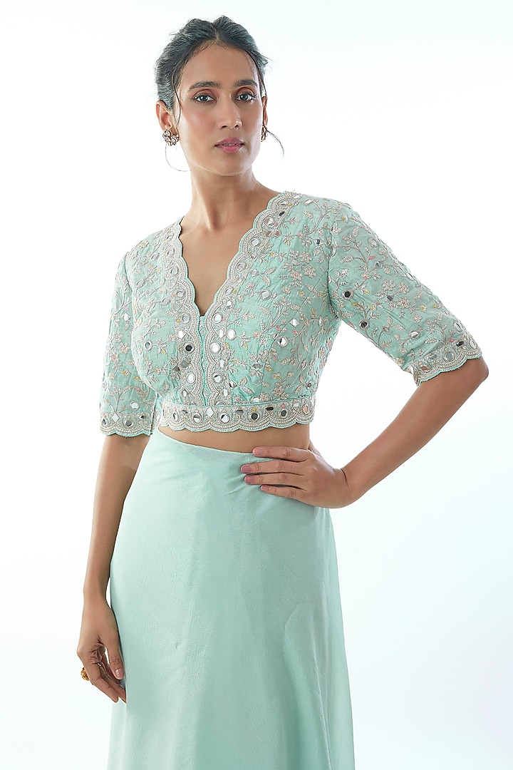 Powder Blue Chiffon & Organza Ruffled Wedding Saree Set by Gopi Vaid at Pernia's Pop Up Shop