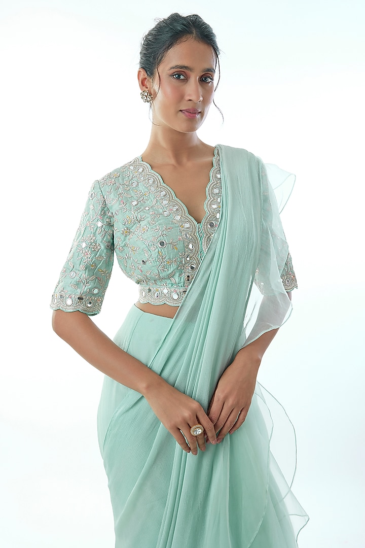 Powder Blue Chiffon & Organza Ruffled Wedding Saree Set by Gopi Vaid at Pernia's Pop Up Shop