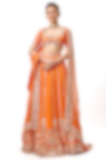 Orange Tussar Motif Embroidered Wedding Lehenga Set by Gopi Vaid at Pernia's Pop Up Shop