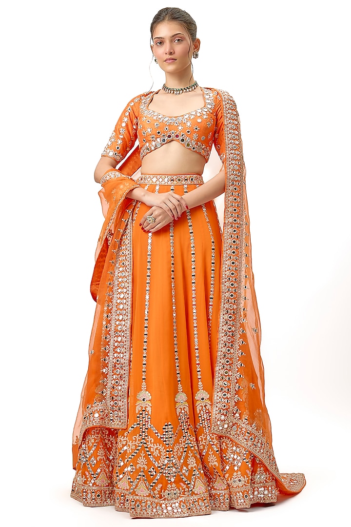 Orange Tussar Motif Embroidered Wedding Lehenga Set by Gopi Vaid at Pernia's Pop Up Shop