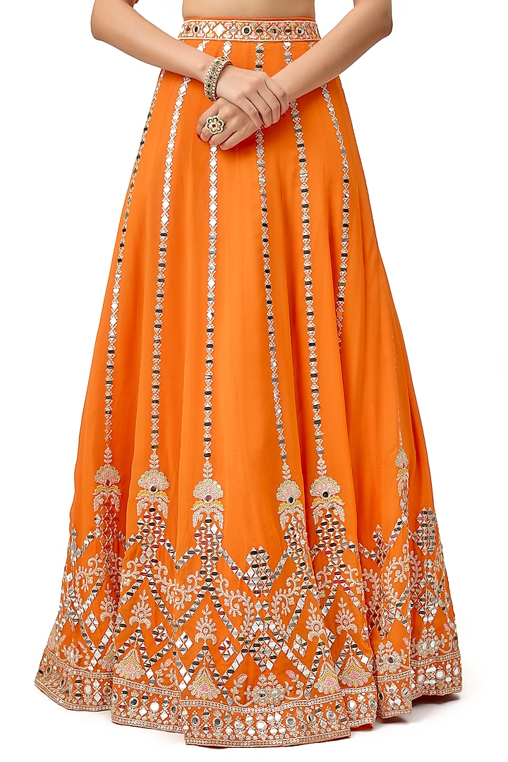 Orange Tussar Motif Embroidered Wedding Lehenga Set by Gopi Vaid at Pernia's Pop Up Shop