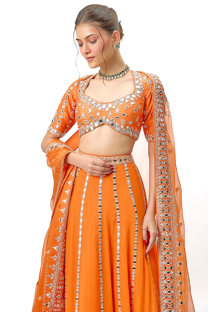 Orange Tussar Motif Embroidered Wedding Lehenga Set by Gopi Vaid at Pernia's Pop Up Shop
