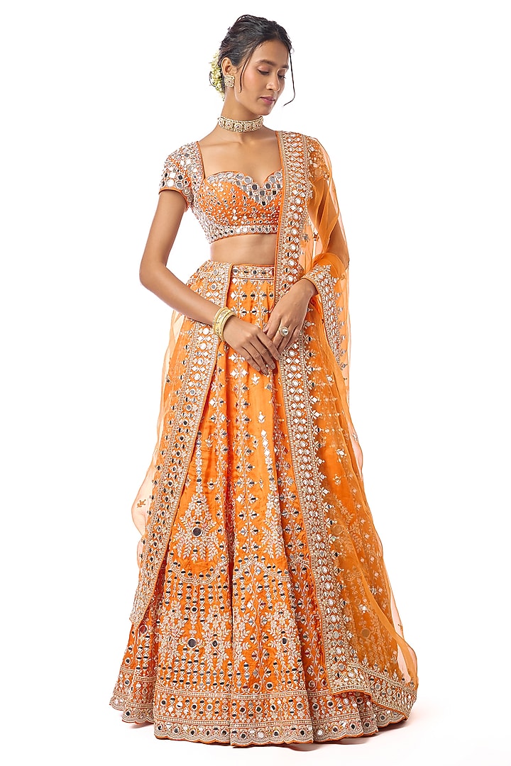 Orange Tussar Mirror Embroidered Wedding Lehenga Set by GOPI VAID at Pernia's Pop Up Shop