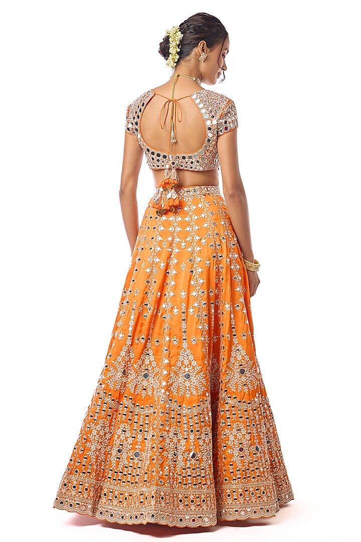 Orange Tussar Mirror Embroidered Wedding Lehenga Set by GOPI VAID at Pernia's Pop Up Shop