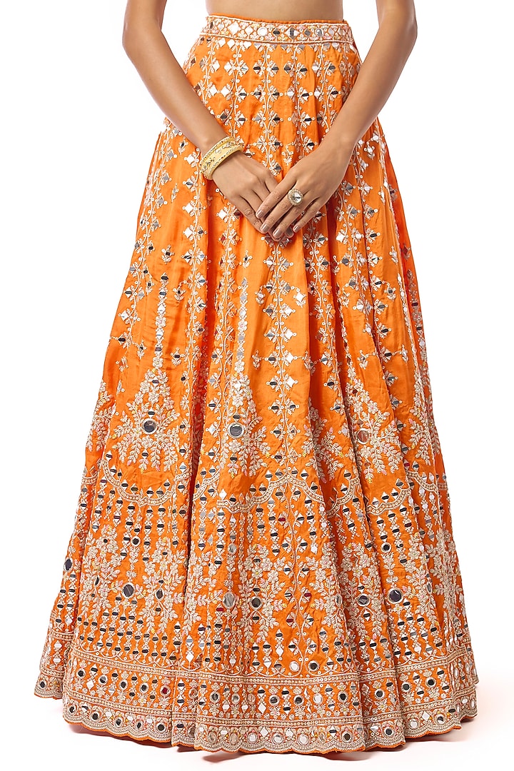 Orange Tussar Mirror Embroidered Wedding Lehenga Set by GOPI VAID at Pernia's Pop Up Shop