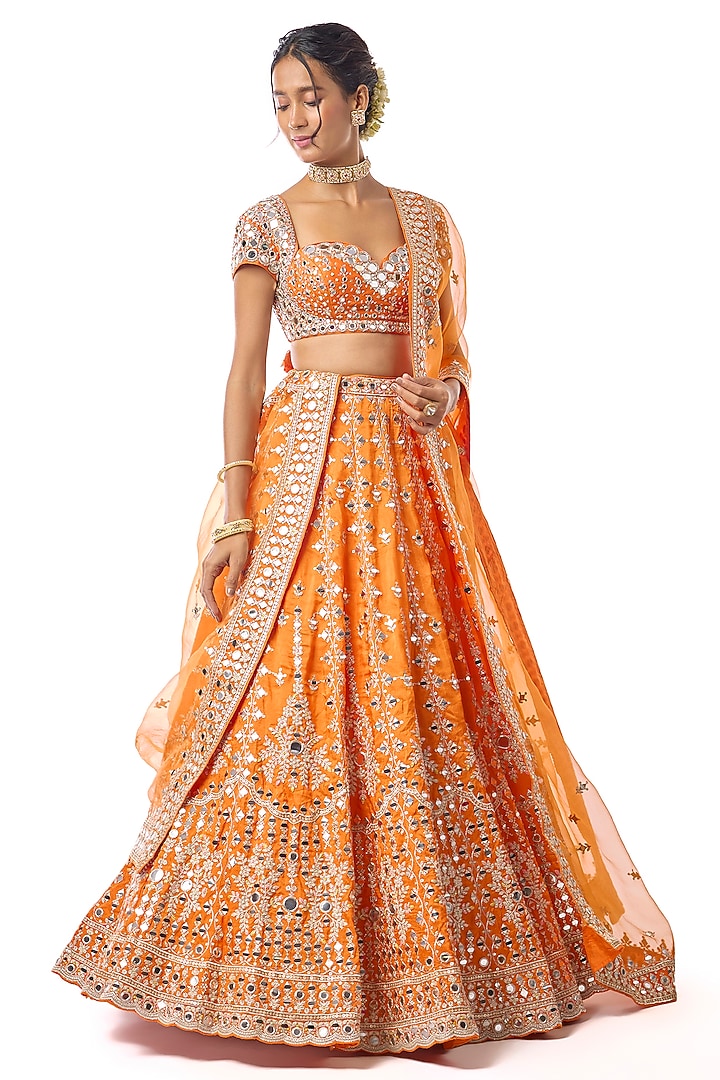 Orange Tussar Mirror Embroidered Wedding Lehenga Set by GOPI VAID at Pernia's Pop Up Shop