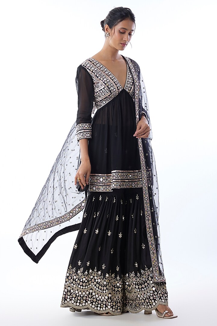 Black Georgette Embroidered Wedding Sharara Set by Gopi Vaid at Pernia's Pop Up Shop