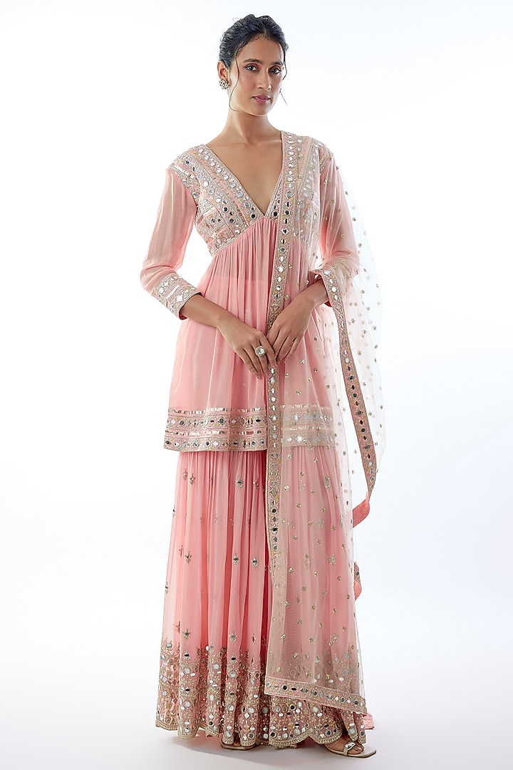 Pink Georgette Embroidered Wedding Sharara Set by Gopi Vaid at Pernia's Pop Up Shop