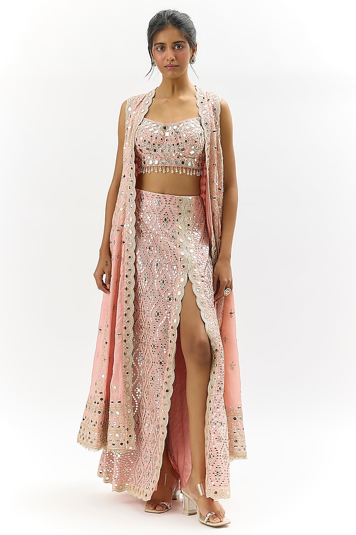 Pink Tussar Mirror Work Cape Set by Gopi Vaid at Pernia's Pop Up Shop