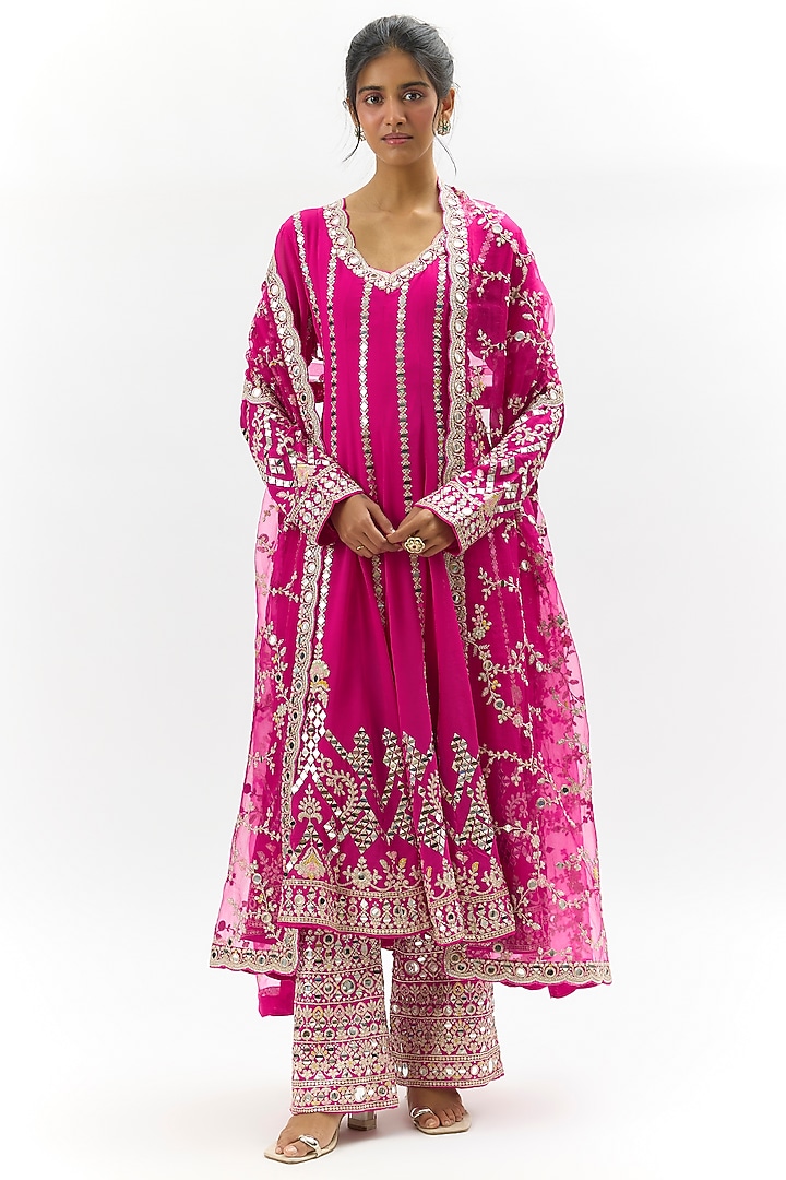 Pink Georgette Mirror Work Wedding Anarkali Set by Gopi Vaid at Pernia's Pop Up Shop
