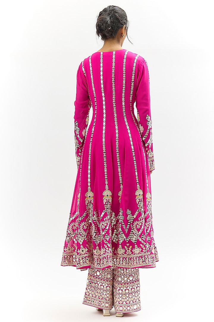 Pink Georgette Mirror Work Wedding Anarkali Set by Gopi Vaid at Pernia's Pop Up Shop
