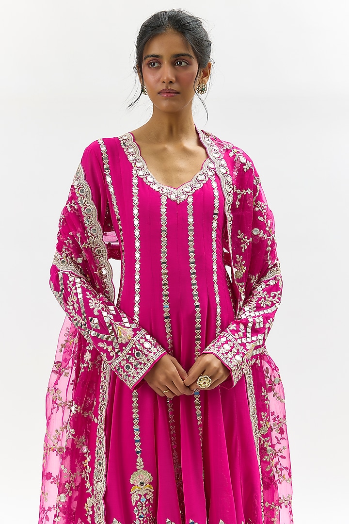 Pink Georgette Mirror Work Wedding Anarkali Set by Gopi Vaid at Pernia's Pop Up Shop