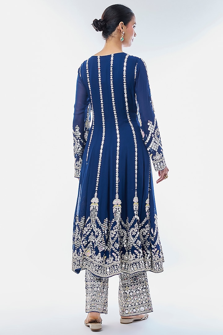 Blue Georgette Embroidered Wedding Anarkali Set by GOPI VAID at Pernia's Pop Up Shop