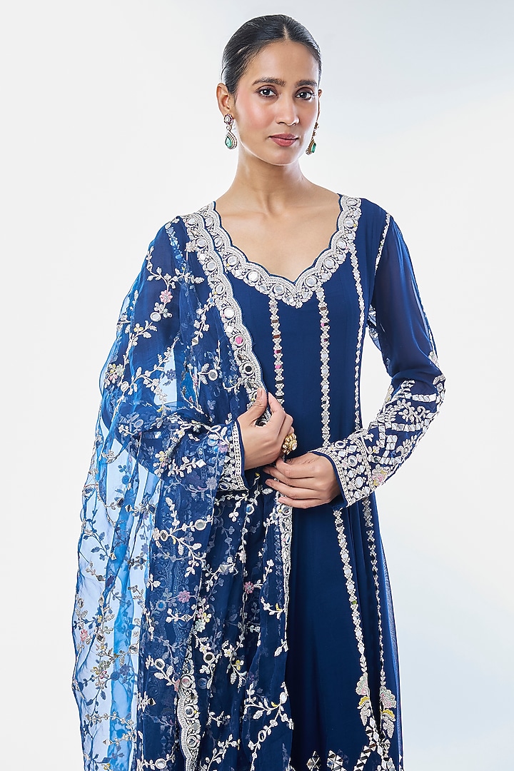 Blue Georgette Embroidered Wedding Anarkali Set by GOPI VAID at Pernia's Pop Up Shop