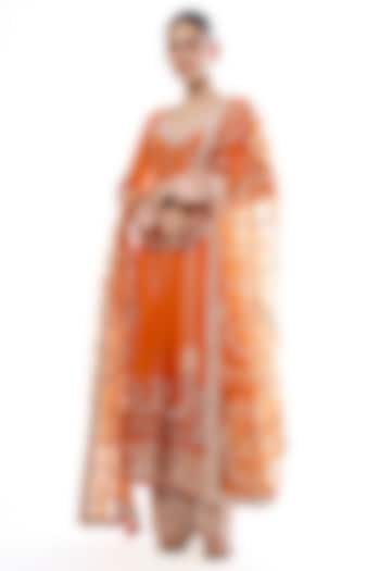 Orange Georgette Mirror Embroidered Wedding Anarkali Set by GOPI VAID at Pernia's Pop Up Shop