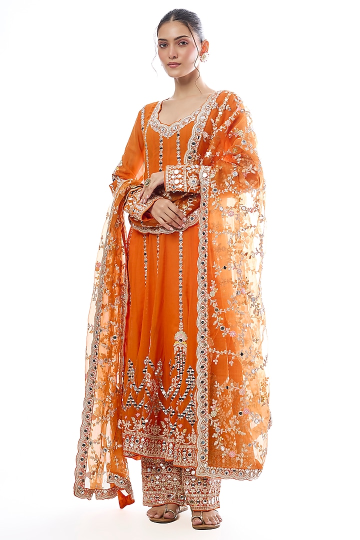 Orange Georgette Mirror Embroidered Wedding Anarkali Set by GOPI VAID at Pernia's Pop Up Shop