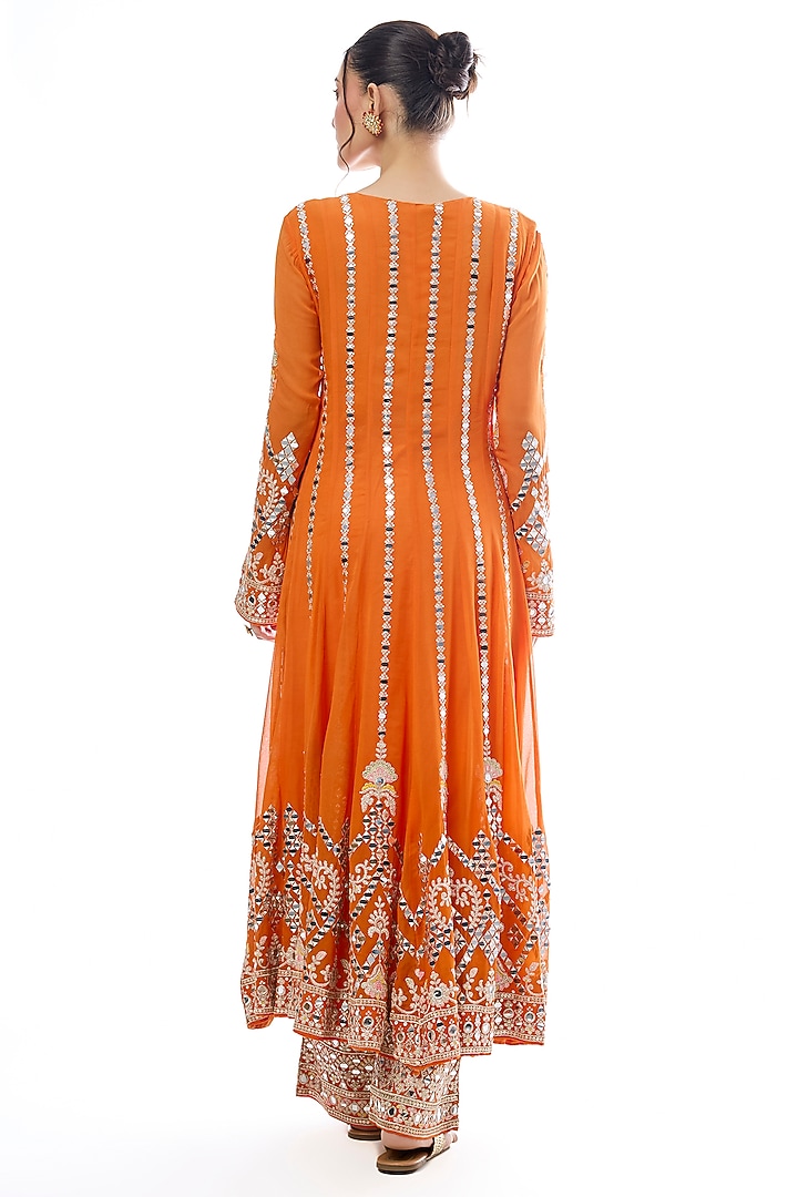 Orange Georgette Mirror Embroidered Wedding Anarkali Set by GOPI VAID at Pernia's Pop Up Shop
