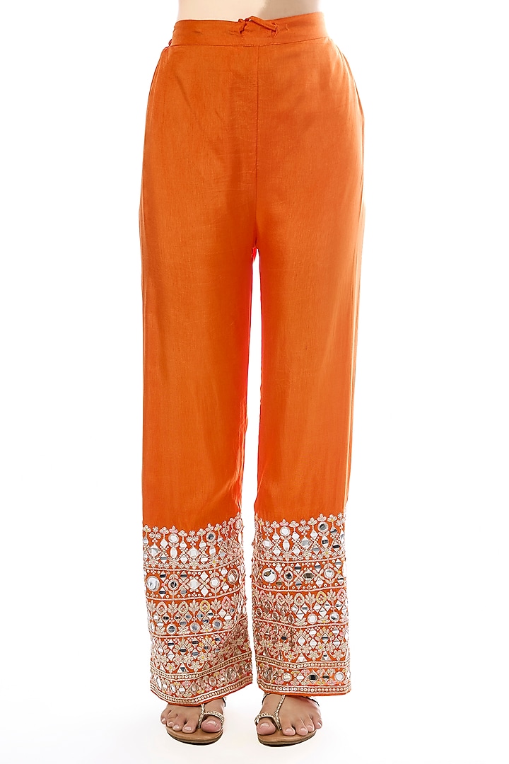 Orange Georgette Mirror Embroidered Wedding Anarkali Set by GOPI VAID at Pernia's Pop Up Shop